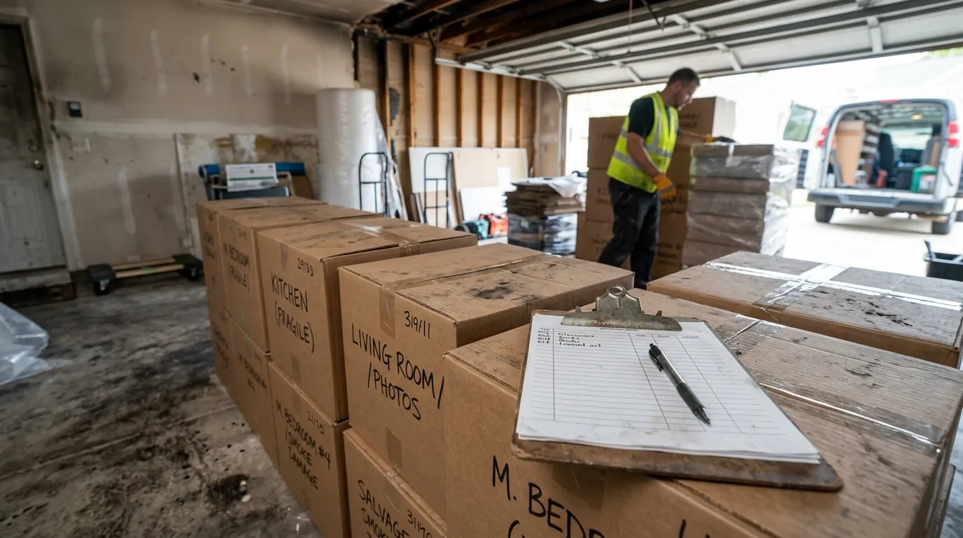 Labeled boxes and an inventory sheet in a Charlotte garage during a fire loss pack-out