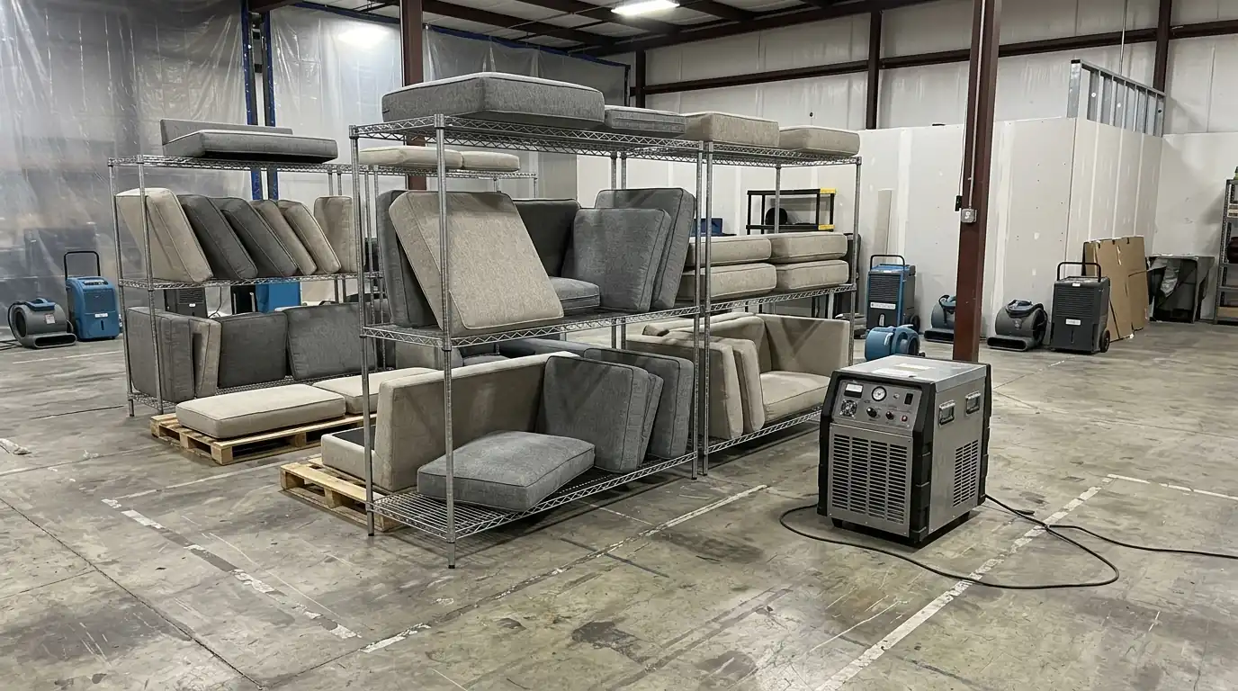 Upholstered sofa being deodorized at a restoration facility near Charlotte