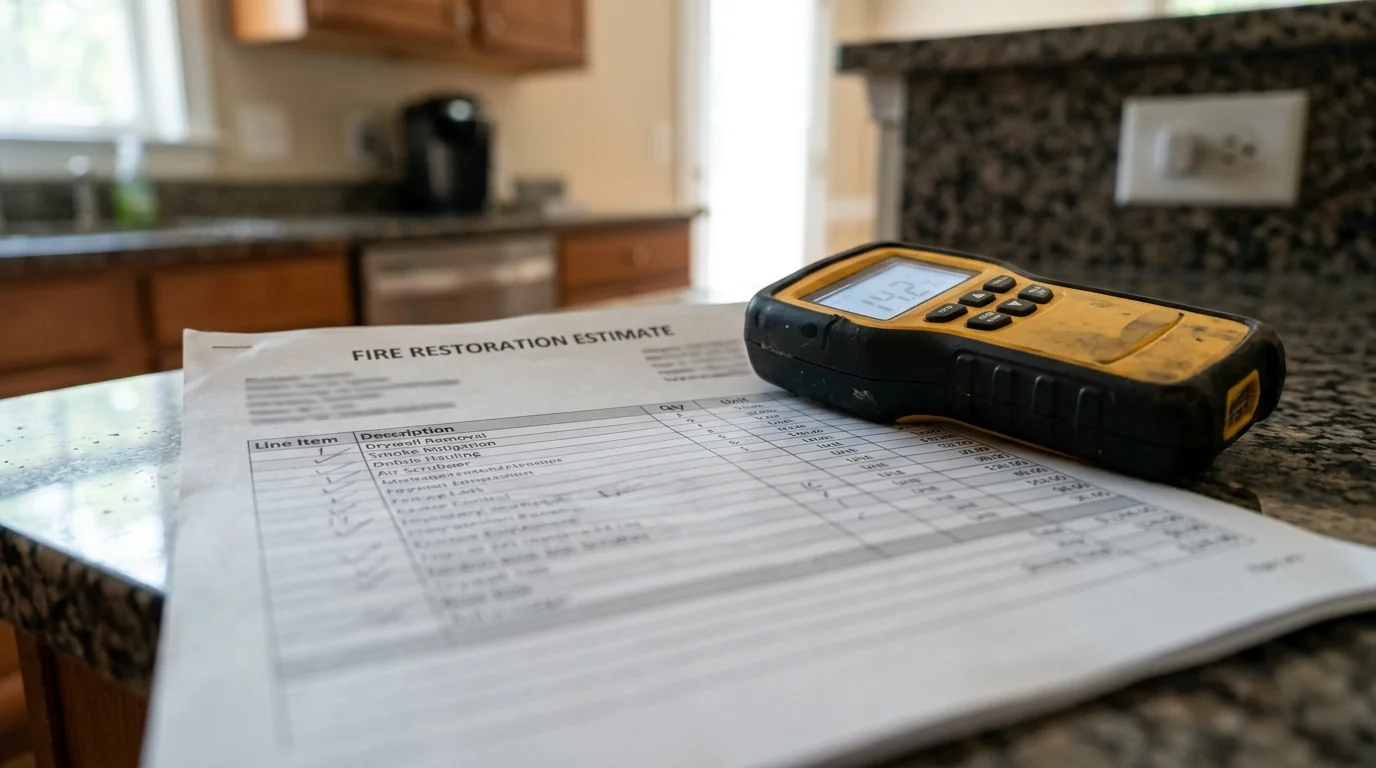 Line-item fire restoration estimate beside a moisture meter on a Charlotte kitchen counter