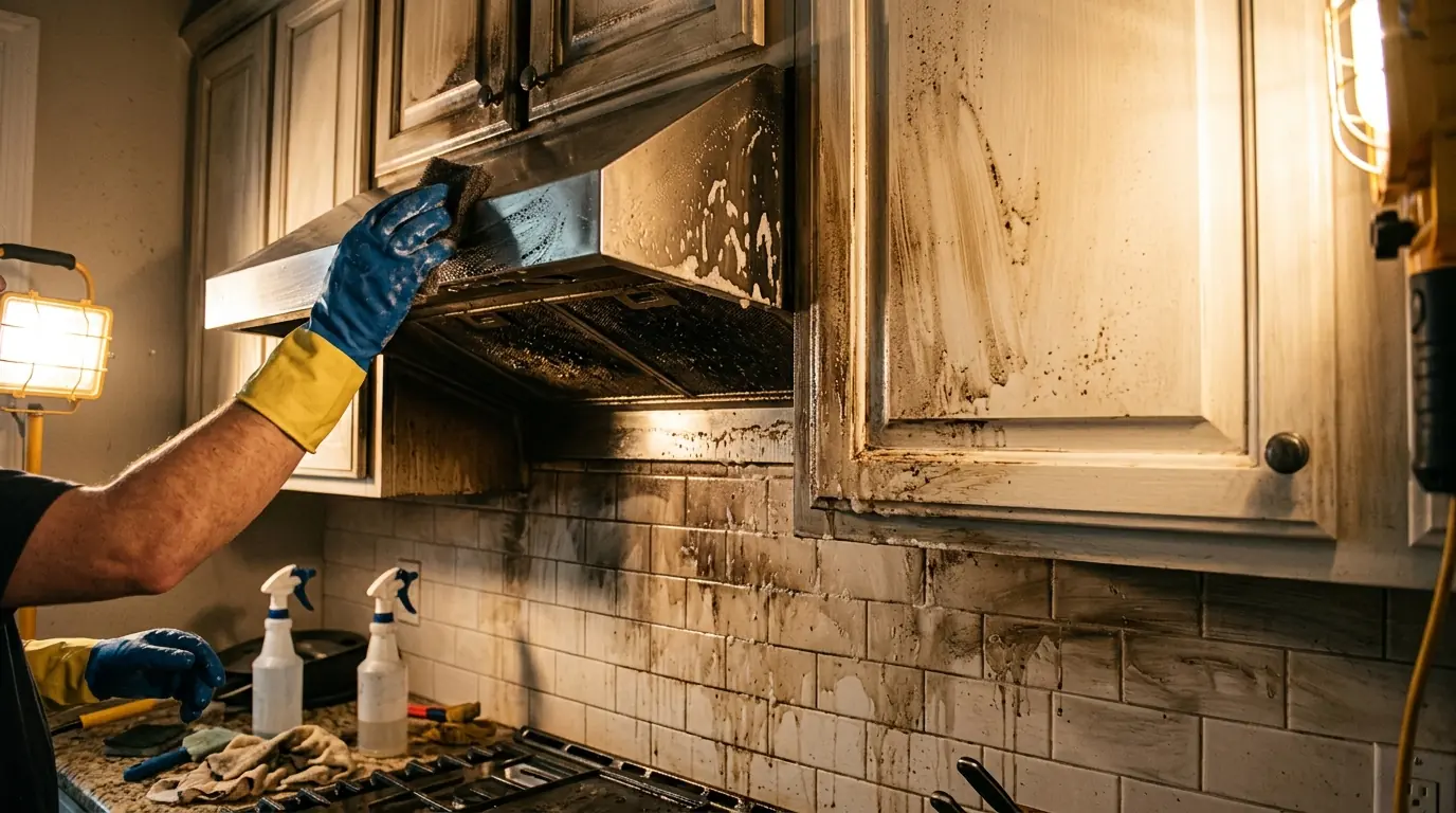 Range Hood, Cabinets and Backsplash on a Charlotte kitchen & grease fire cleanup job