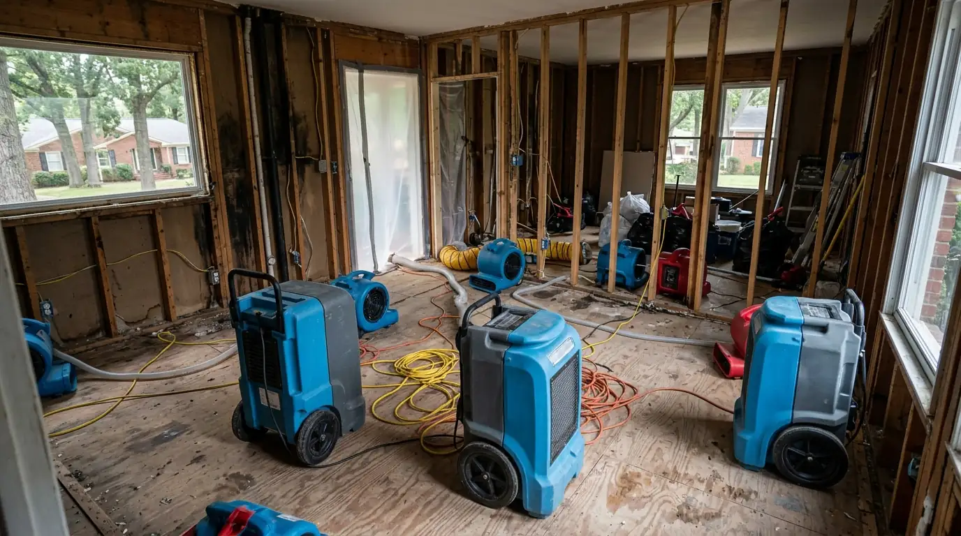 Dehumidifiers and air movers drying a gutted Charlotte living room after a fire