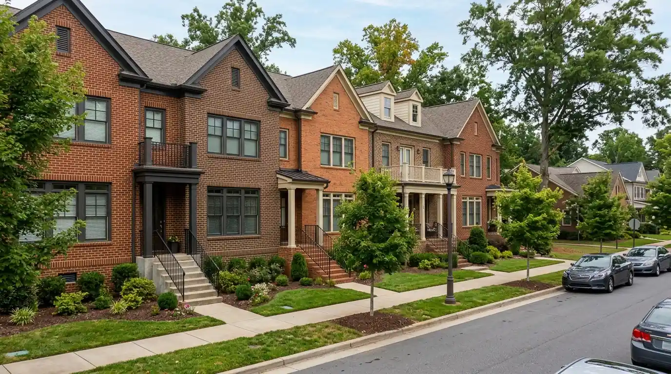 Row of brick townhomes in a south Charlotte suburb with a work van parked outside