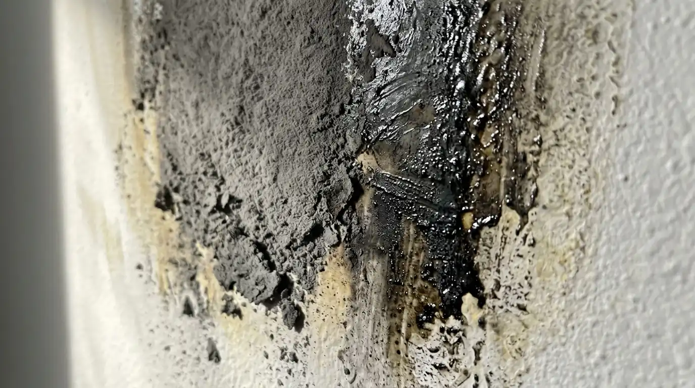 Powdery gray soot next to sticky black smoke film on a white wall in a Charlotte house